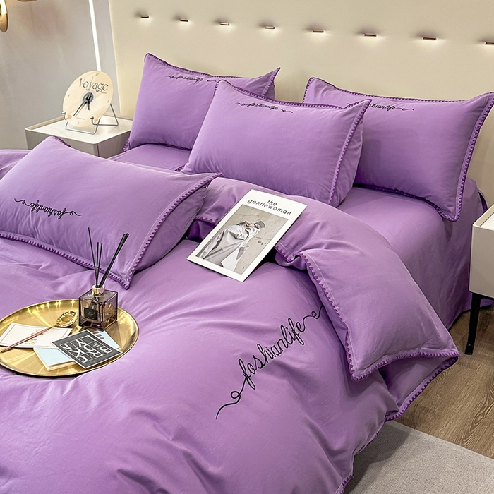 91家纺网 家纺一手货源 找家纺 2025新款13374全棉母婴级贝壳绣宽边枕套纯色刺绣三角针四件套全棉贡缎新疆长绒字母款 贝壳绣-典雅紫