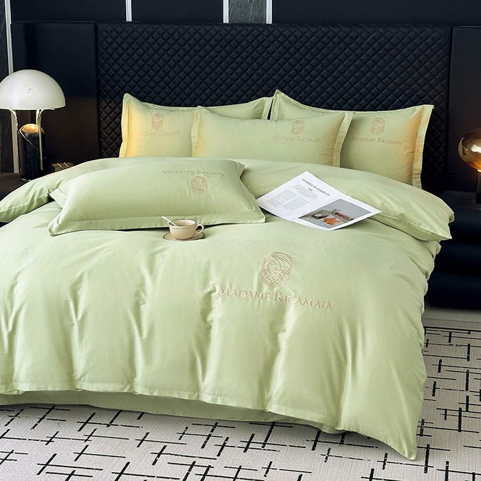 91家纺网 家纺一手货源 找家纺 梦莱斯2025新款长绒棉刺绣轻奢系列四件套 抹茶绿