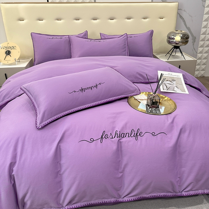 91家纺网 家纺一手货源 找家纺 2025新款13374全棉母婴级贝壳绣宽边枕套纯色刺绣三角针四件套全棉贡缎新疆长绒字母款 贝壳绣-典雅紫