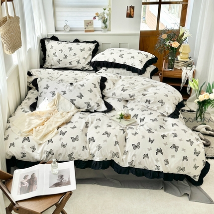 芷凡家纺 2025新款皱皱云感棉赫本风韩式花边四件套 蝶梦