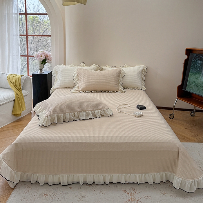 91家纺网 家纺一手货源 找家纺 琳可家居 2025新款雪精灵系列兰精天丝凉感床盖三件套 夏阳杏