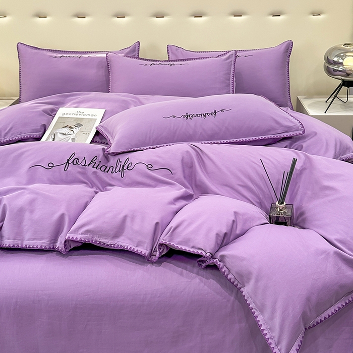 91家纺网 家纺一手货源 找家纺 2025新款13374全棉母婴级贝壳绣宽边枕套纯色刺绣三角针四件套全棉贡缎新疆长绒字母款 贝壳绣-典雅紫