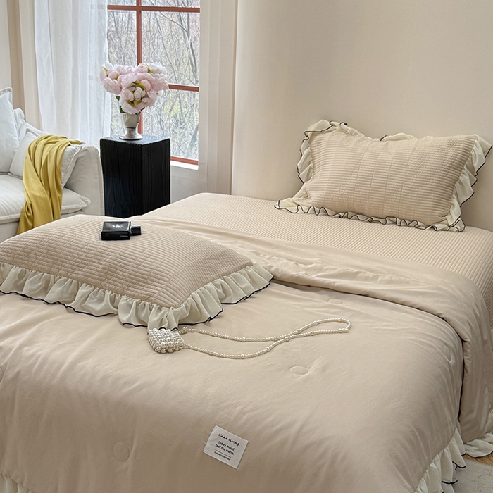 91家纺网 家纺一手货源 找家纺 琳可家居 2025新款雪精灵系列兰精天丝凉感床盖三件套 夏阳杏