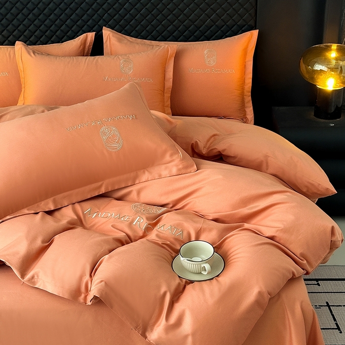 91家纺网 家纺一手货源 找家纺 梦莱斯2025新款长绒棉刺绣轻奢系列四件套 活力橙