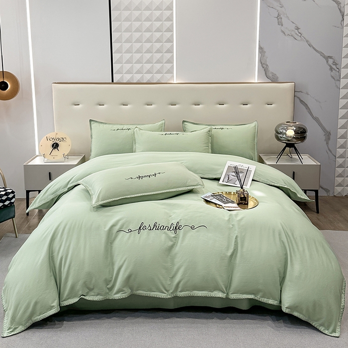 91家纺网 家纺一手货源 找家纺 2025新款13374全棉母婴级贝壳绣宽边枕套纯色刺绣三角针四件套全棉贡缎新疆长绒字母款 贝壳绣-炫彩绿