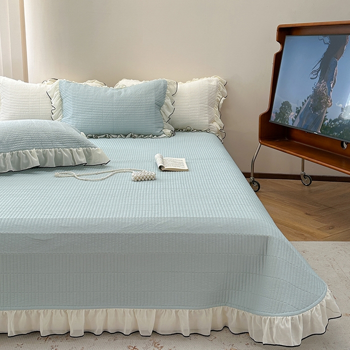 91家纺网 家纺一手货源 找家纺 琳可家居 2025新款雪精灵系列兰精天丝凉感床盖三件套 晴空蓝