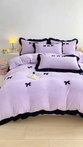 91家纺网 家纺一手货源 找家纺 梦莱斯2025新款黑边绣花牛奶绒四件套 蝴蝶结-紫