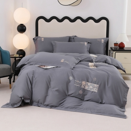 91家纺网 家纺一手货源 找家纺 优姿家纺2025新品高端加密全棉100支绣花宽边四件套 玫瑰花簇-深灰