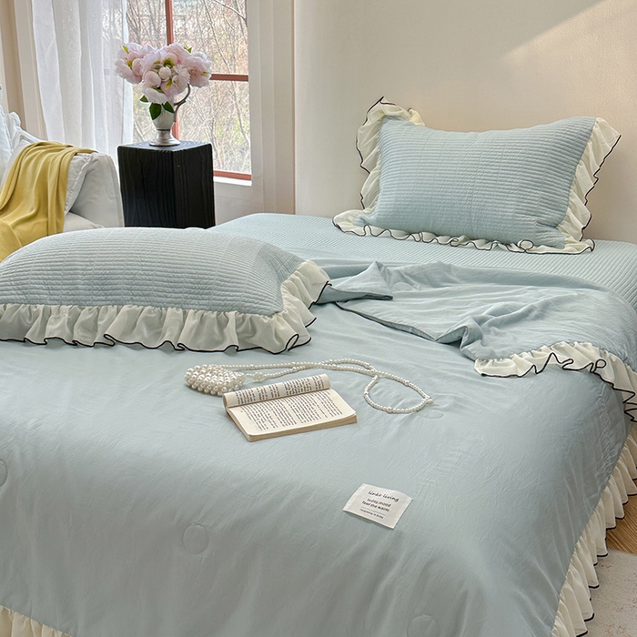 91家纺网 家纺一手货源 找家纺 琳可家居 2025新款雪精灵系列兰精天丝凉感床盖三件套 晴空蓝