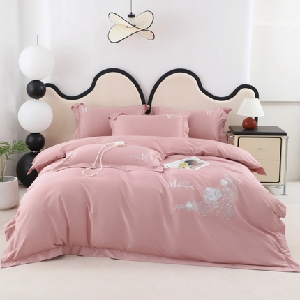 91家纺网 家纺一手货源 找家纺 优姿家纺2025新品高端加密全棉100支绣花宽边四件套 淡雅生活-豆沙红