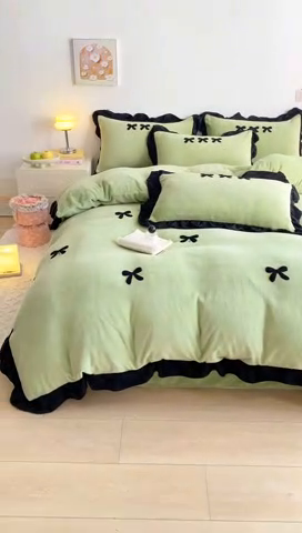 91家纺网 家纺一手货源 找家纺 梦莱斯2025新款黑边绣花牛奶绒四件套 蝴蝶结-绿