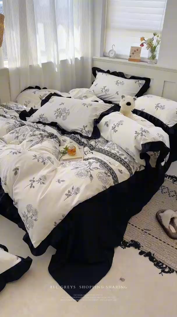 91家纺网 家纺一手货源 找家纺 芷凡家纺 2025新款皱皱云感棉赫本风韩式花边四件套 爱丽莎