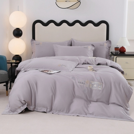 优姿家纺2025新品高端加密全棉100支绣花宽边四件套 玫瑰花簇淡雅灰