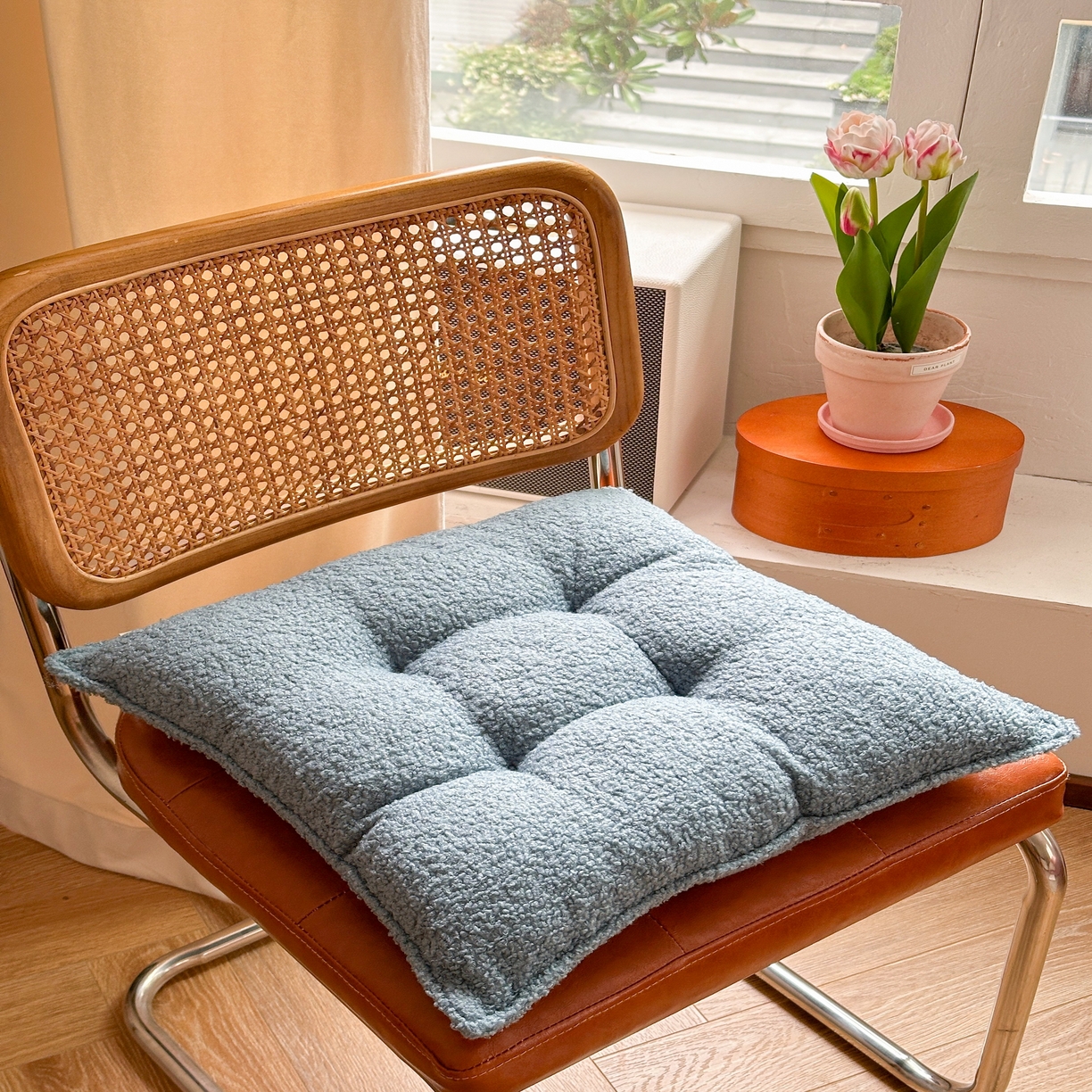 91家纺网 家纺一手货源 找家纺 美茉家居 2025新款泰迪绒方形坐垫 湖蓝