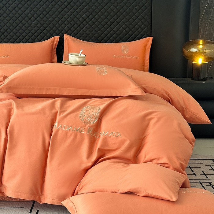 91家纺网 家纺一手货源 找家纺 梦莱斯2025新款长绒棉刺绣轻奢系列四件套 活力橙