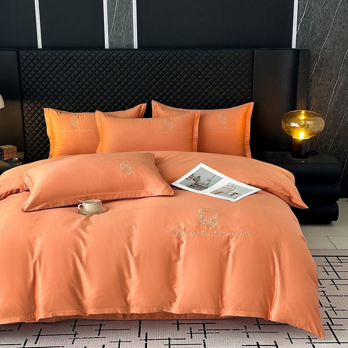91家纺网 家纺一手货源 找家纺 梦莱斯2025新款长绒棉刺绣轻奢系列四件套 活力橙