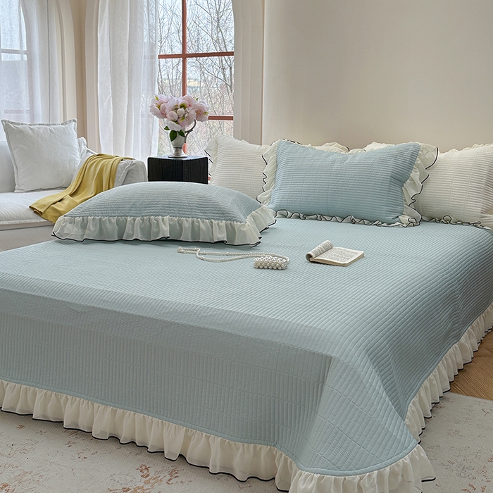 91家纺网 家纺一手货源 找家纺 琳可家居 2025新款雪精灵系列兰精天丝凉感床盖三件套 晴空蓝