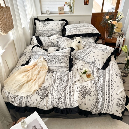 芷凡家纺 2025新款皱皱云感棉赫本风韩式花边四件套 花束