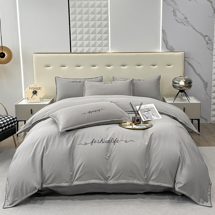 2025新款13374全棉母婴级贝壳绣宽边枕套纯色刺绣三角针四件套全棉贡缎新疆长绒字母款 贝壳绣-绅士灰