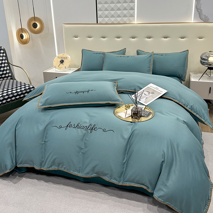 91家纺网 家纺一手货源 找家纺 2025新款13374全棉母婴级贝壳绣宽边枕套纯色刺绣三角针四件套全棉贡缎新疆长绒字母款 贝壳绣-摩卡绿