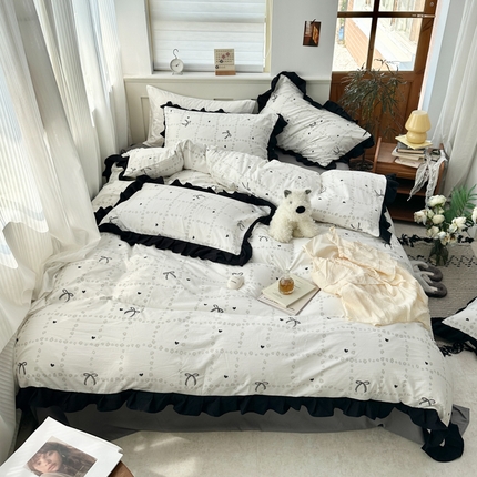 91家纺网 家纺一手货源 找家纺 芷凡家纺 2025新款皱皱云感棉赫本风韩式花边四件套 蝴蝶结