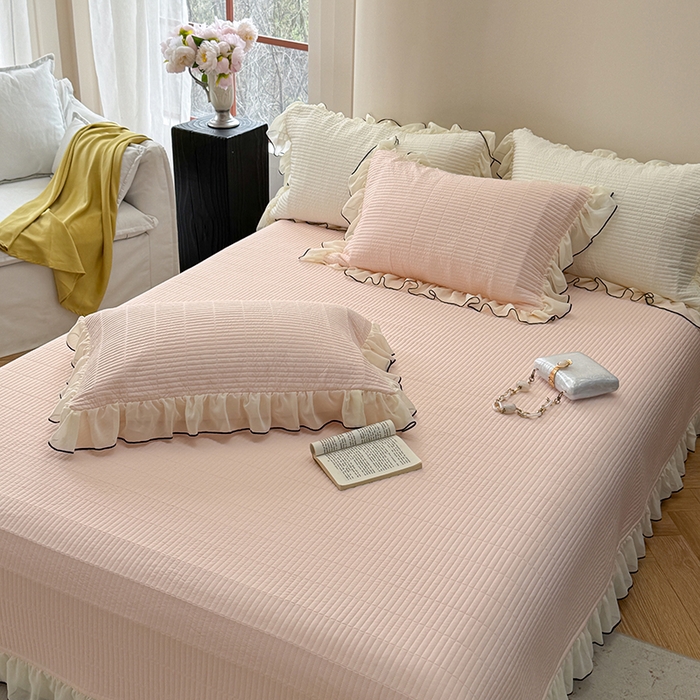 91家纺网 家纺一手货源 找家纺 琳可家居 2025新款雪精灵系列兰精天丝凉感床盖三件套 春露粉