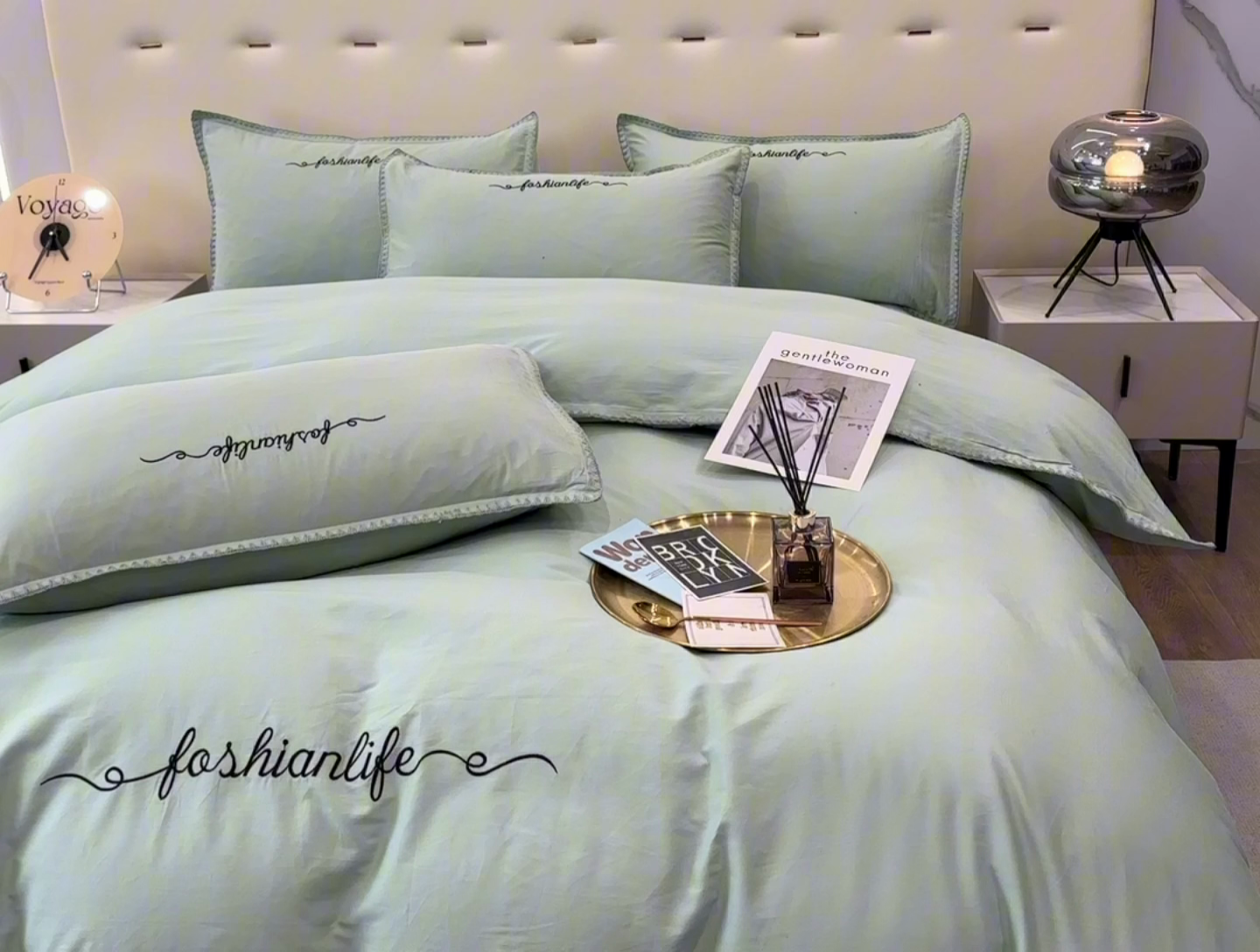 91家纺网 家纺一手货源 找家纺 2025新款13374全棉母婴级贝壳绣宽边枕套纯色刺绣三角针四件套全棉贡缎新疆长绒字母款 贝壳绣-炫彩绿