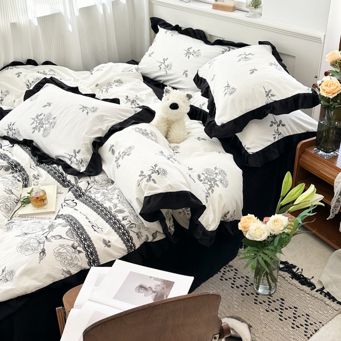 91家纺网 家纺一手货源 找家纺 芷凡家纺 2025新款皱皱云感棉赫本风韩式花边四件套 爱丽莎