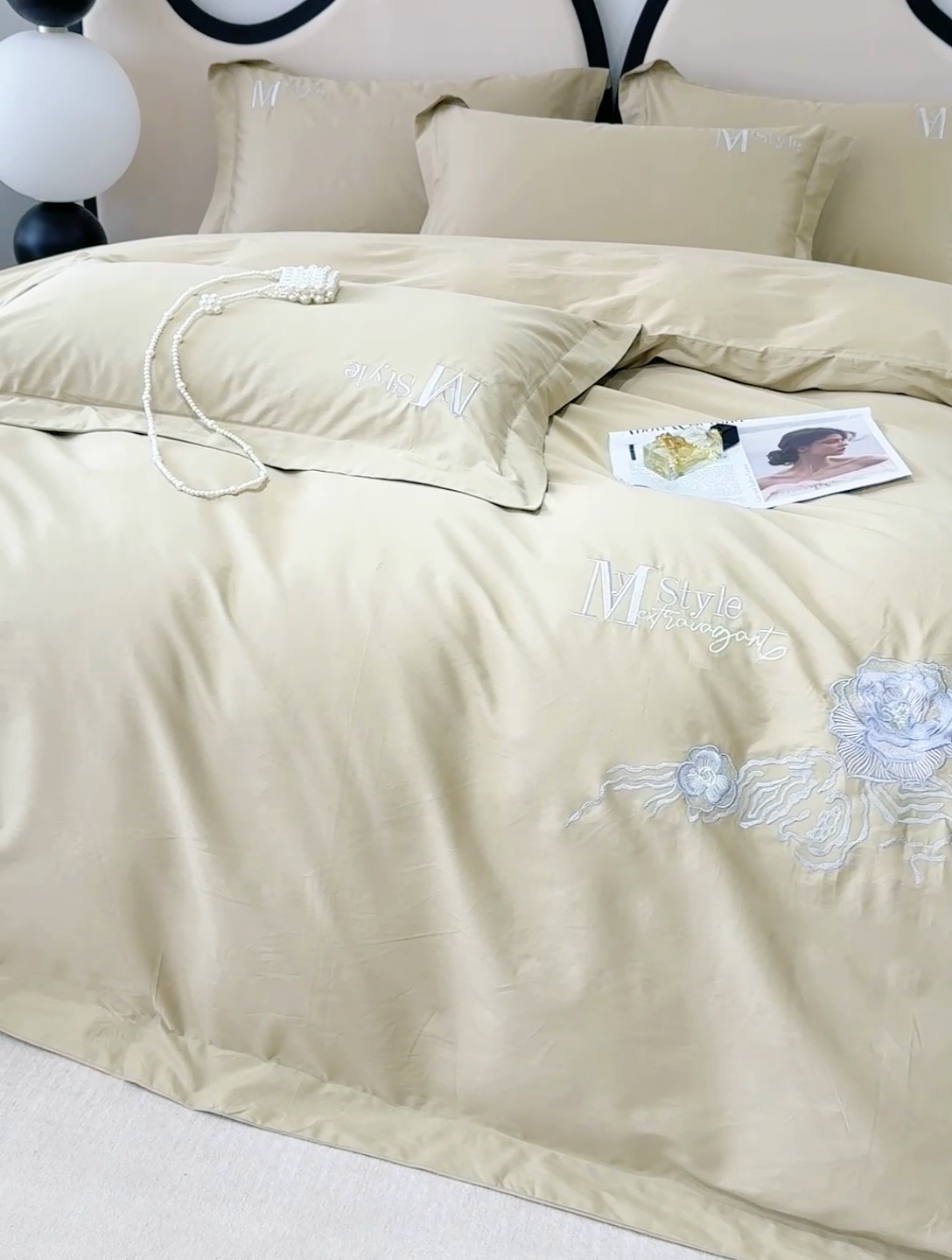 91家纺网 家纺一手货源 找家纺 优姿家纺2025新品高端加密全棉100支绣花宽边四件套 淡雅生活-森林绿