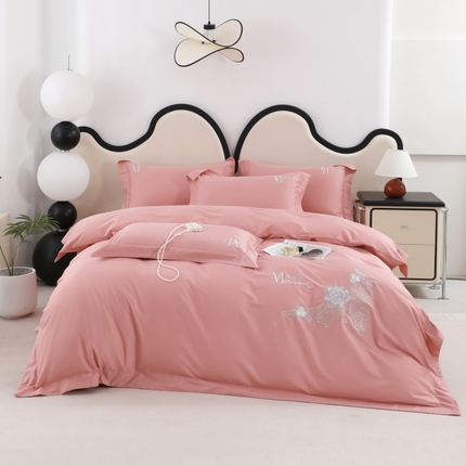 91家纺网 家纺一手货源 找家纺 优姿家纺2025新品高端加密全棉100支绣花宽边四件套 淡雅生活-粉色