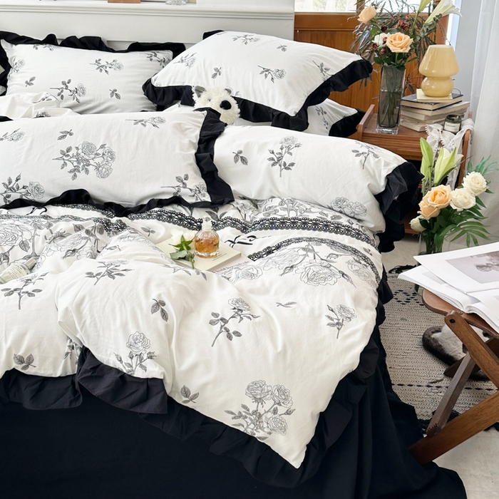 91家纺网 家纺一手货源 找家纺 芷凡家纺 2025新款皱皱云感棉赫本风韩式花边四件套 爱丽莎