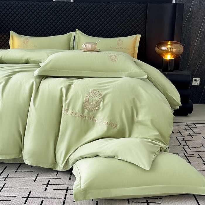 91家纺网 家纺一手货源 找家纺 梦莱斯2025新款长绒棉刺绣轻奢系列四件套 抹茶绿