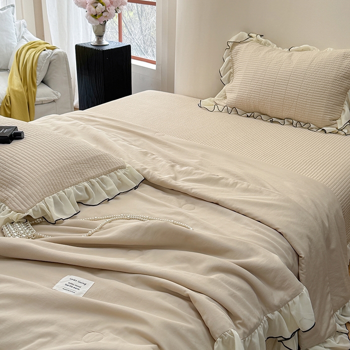 91家纺网 家纺一手货源 找家纺 琳可家居 2025新款雪精灵系列兰精天丝凉感床盖三件套 夏阳杏