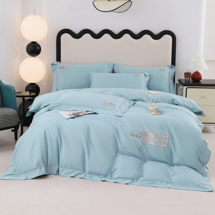 优姿家纺2025新品高端加密全棉100支绣花宽边四件套 玫瑰花簇天蓝