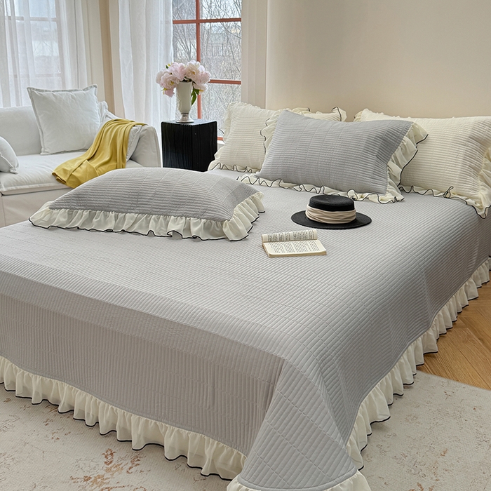 91家纺网 家纺一手货源 找家纺 琳可家居 2025新款雪精灵系列兰精天丝凉感床盖三件套 素雅灰