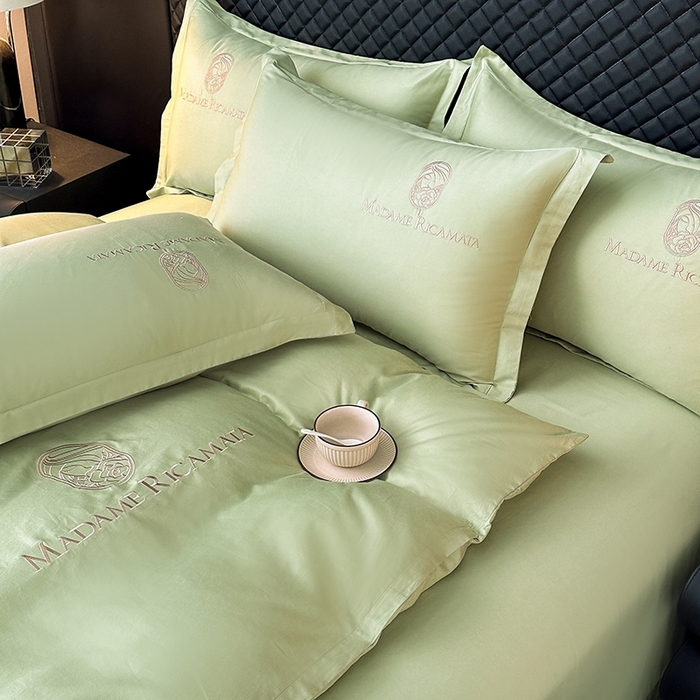 91家纺网 家纺一手货源 找家纺 梦莱斯2025新款长绒棉刺绣轻奢系列四件套 抹茶绿