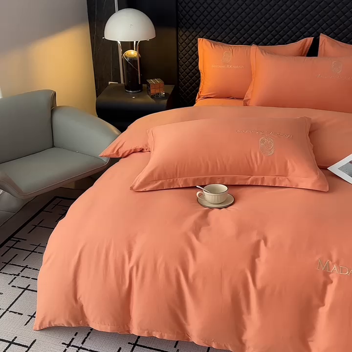 91家纺网 家纺一手货源 找家纺 梦莱斯2025新款长绒棉刺绣轻奢系列四件套 活力橙