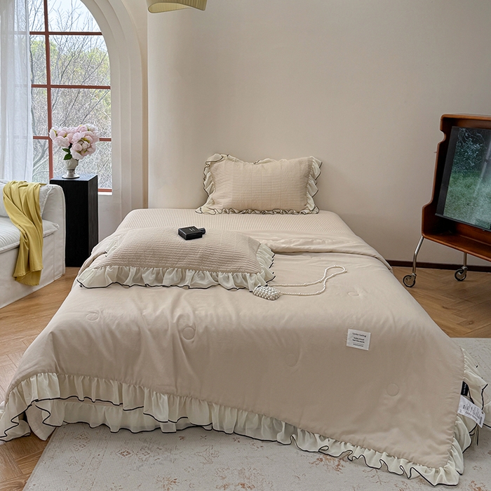 91家纺网 家纺一手货源 找家纺 琳可家居 2025新款雪精灵系列兰精天丝凉感床盖三件套 夏阳杏