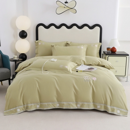 优姿家纺2025新品高端加密全棉100支绣花宽边四件套 奢侈生活-森林绿