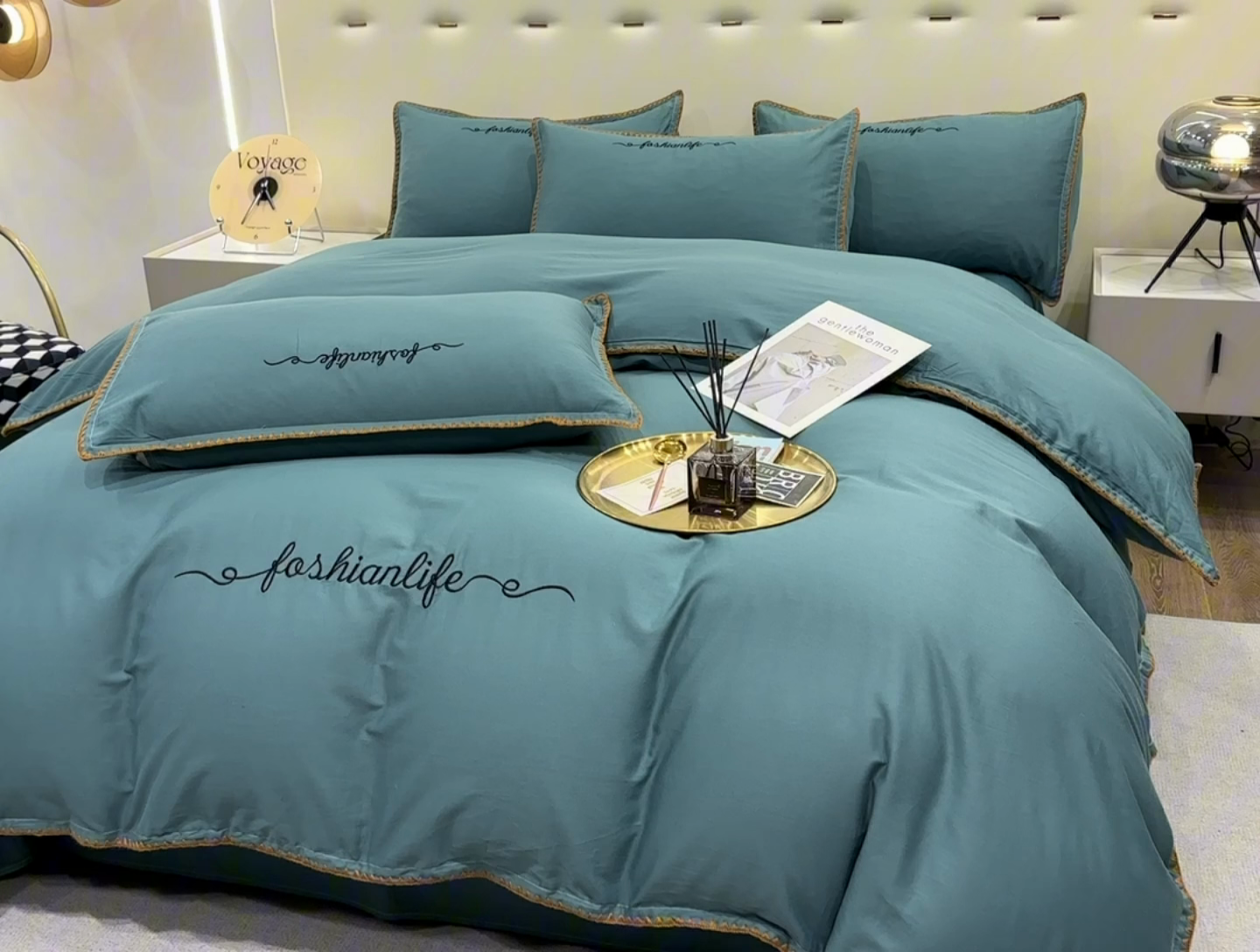 91家纺网 家纺一手货源 找家纺 2025新款13374全棉母婴级贝壳绣宽边枕套纯色刺绣三角针四件套全棉贡缎新疆长绒字母款 贝壳绣-摩卡绿