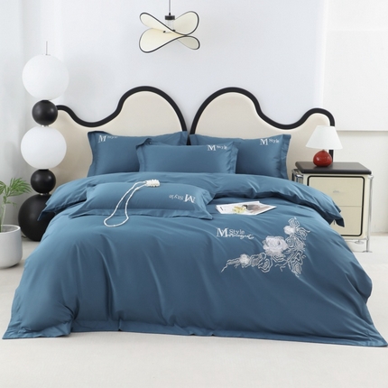 91家纺网 家纺一手货源 找家纺 优姿家纺2025新品高端加密全棉100支绣花宽边四件套 淡雅生活-宝石蓝