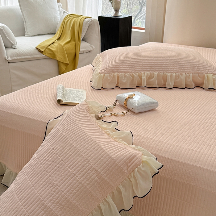 91家纺网 家纺一手货源 找家纺 琳可家居 2025新款雪精灵系列兰精天丝凉感床盖三件套 春露粉