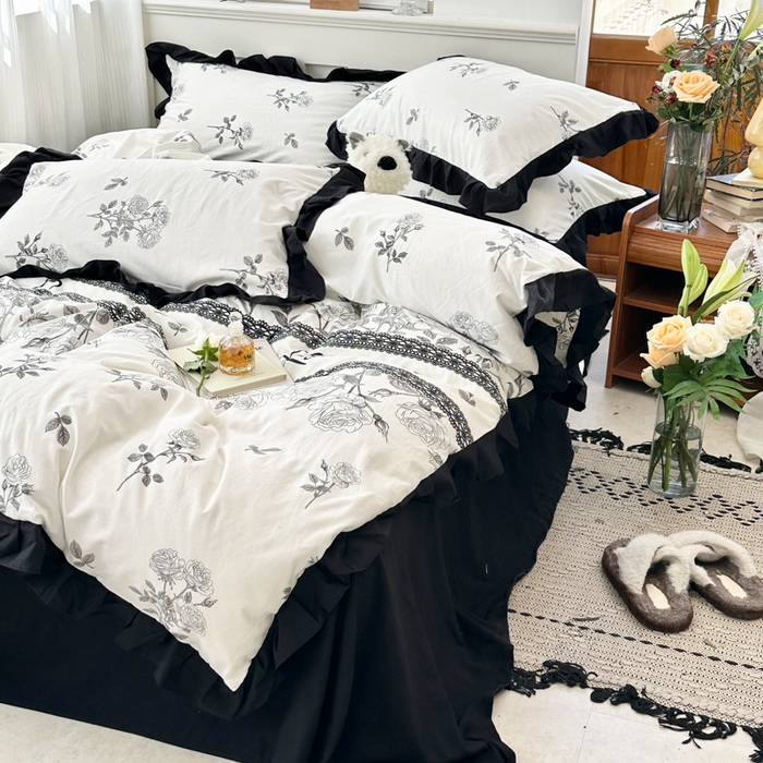 91家纺网 家纺一手货源 找家纺 芷凡家纺 2025新款皱皱云感棉赫本风韩式花边四件套 爱丽莎