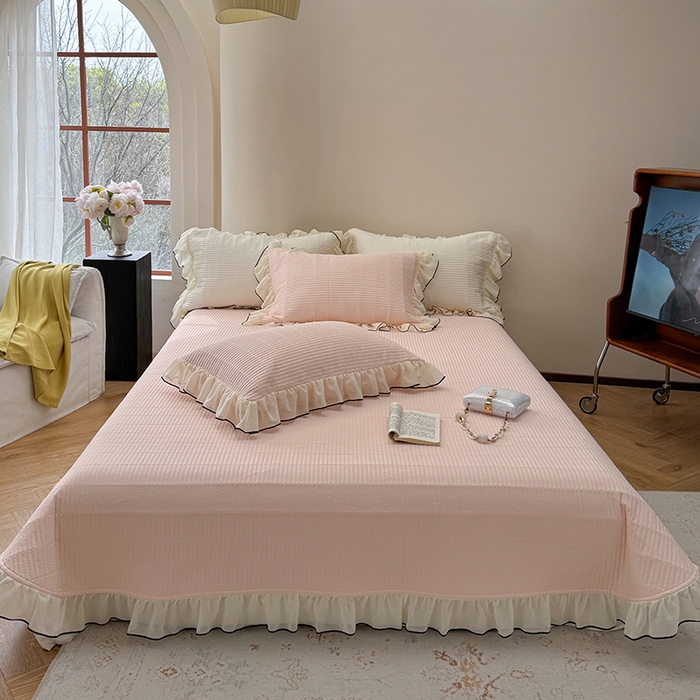 91家纺网 家纺一手货源 找家纺 琳可家居 2025新款雪精灵系列兰精天丝凉感床盖三件套 春露粉