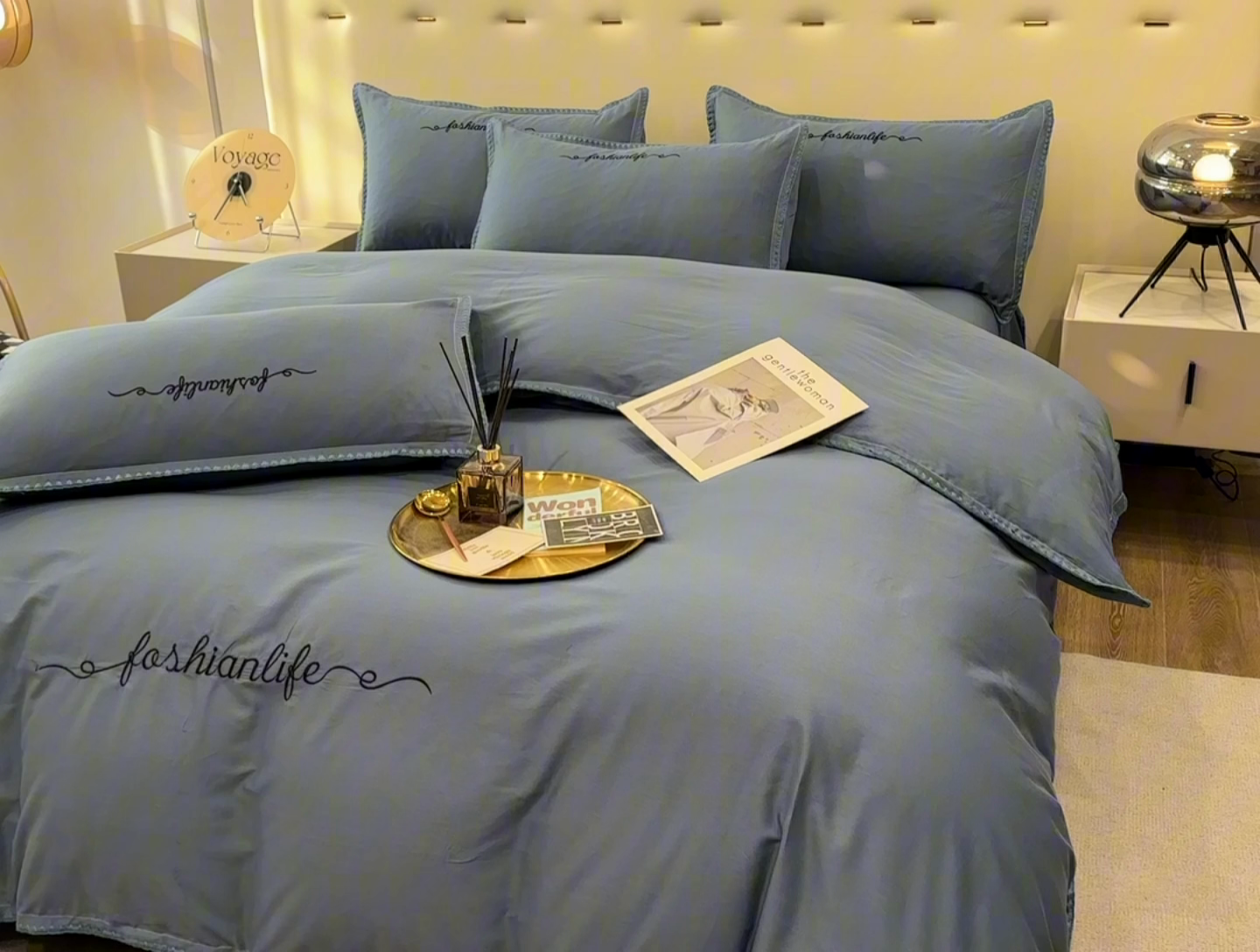 91家纺网 家纺一手货源 找家纺 2025新款13374全棉母婴级贝壳绣宽边枕套纯色刺绣三角针四件套全棉贡缎新疆长绒字母款 贝壳绣-宾利蓝