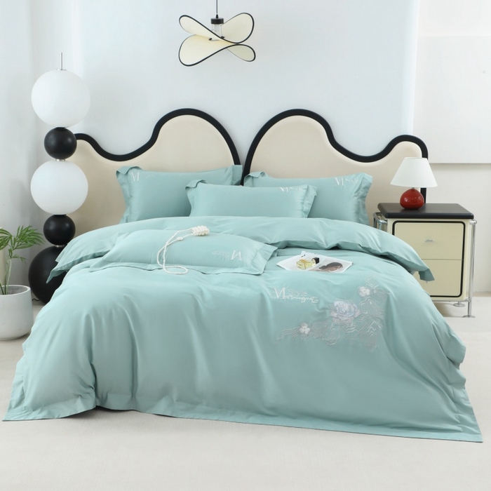 91家纺网 家纺一手货源 找家纺 优姿家纺2025新品高端加密全棉100支绣花宽边四件套 淡雅生活-水绿