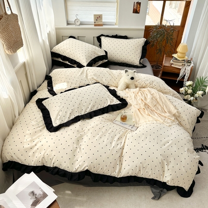 芷凡家纺 2025新款皱皱云感棉赫本风韩式花边四件套 波点-米