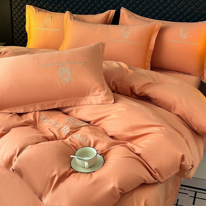 91家纺网 家纺一手货源 找家纺 梦莱斯2025新款长绒棉刺绣轻奢系列四件套 活力橙