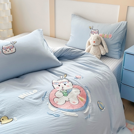 青螺家纺 2025春夏新款云朵棉毛巾绣卡通可爱三件套四件套学生套件 游泳圈圈 兰小格