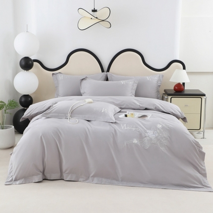 优姿家纺2025新品高端加密全棉100支绣花宽边四件套 淡雅生活-淡雅灰